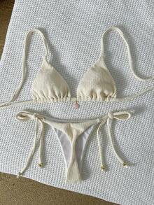 Swim Mod 女士提花面料吊带金属装饰性感比基尼套装，夏季 - 米色 - 查看 1