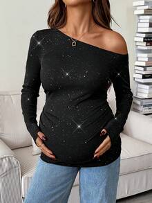 SHEIN ملابس علوية طويل الأكمام مطرز بالراين ستون غير متماثل الكتف مناسب للحمل في فصل الخريف/الشتاء، ملابس علوية سوداء طويلة الأكمام - الأسود - مشاهدة 4