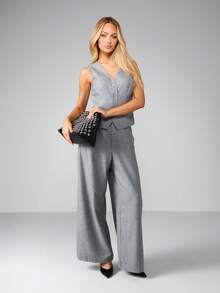 MISSGUIDED Sleeveless Button Front Waistcoat Professional Business Vest Office Formal Blazer Jacket - Light Grey - View 3