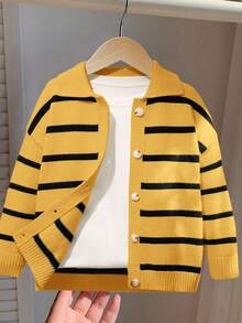 SHEIN 1pc Young Boys Casual Cute & Stylish Korean Striped Long Sleeve Cardigan Sweater, Suitable For Outings, School, Vacation, Autumn/Winter