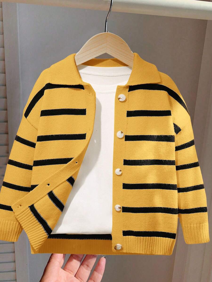 SHEIN 1pc Young Boys Casual Cute & Stylish Korean Striped Long Sleeve Cardigan Sweater, Suitable For Outings, School, Vacation, Autumn/Winter