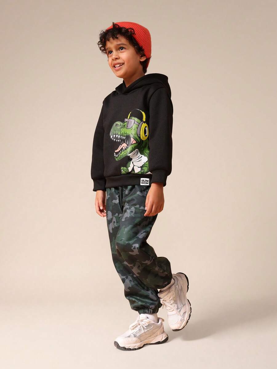 SUMWON Oversized Boys Dinosaur Gaming Hoodie And Camouflage Joggers Two Piece Casual Winter Outfit Set With Centre Pocket - Black - View 1