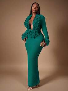 Radiana Vestido de punto extra largo con cuello en V profundo y decoración con flecos, de moda y sexy, talla grande para otoño/invierno - Agua verde azul - Ver 3