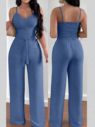 INAWLY Mono de mujer con estampado floral, sin mangas, cintura elástica, nudo delantero y piernas anchas