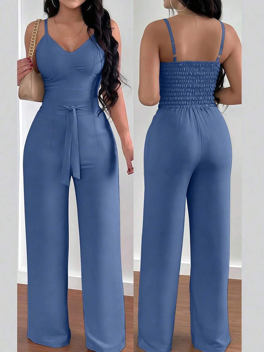 INAWLY Floral Print Sleeveless Elastic Waist Tie Front Wide Leg Women Jumpsuit - Dusty Blue - View 1