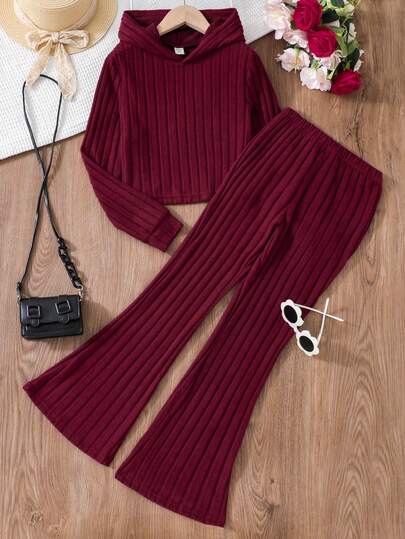 SHEIN Tween Girl Spring/Autumn Solid Color Hooded Long Sleeve Sweatshirt And Bell Bottoms Casual Two-Piece Set
