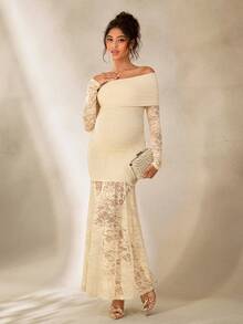 Cheriluna Maternity 優雅蕾絲露肩透視長袖孕婦攝影禮服/長裙 - 杏色 - 查看 6