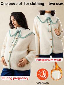 Boho Mama Fall,Autumn,Maternity Raglan Long Sleeve Fuzzy Regular Coat, Autumn/Winter Fall - Apricot - View 3