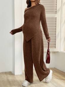 SHEIN 2pcs Maternity Casual Solid Color Asymmetric Hem Top And Pants Set, Autumn - Brown - View 3
