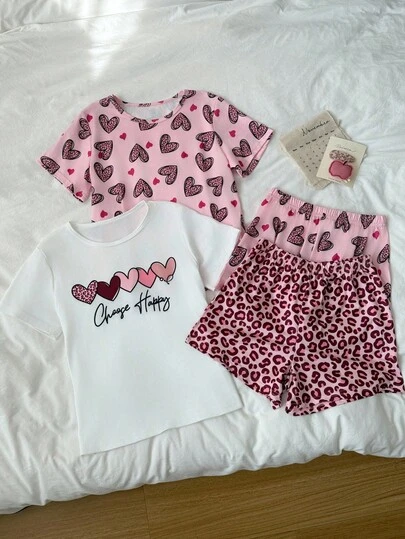 Set de 4 piezas de pijama con parte superior de manga corta con estampado de leopardo y corazón gráfico + shorts, adecuado para primavera/verano como ropa de estar en casa o de dormir casual para niñas