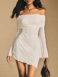 Poéselle 女式褶饰露肩长袖紧身性感迷你连衣裙 - 白色 - 查看 7