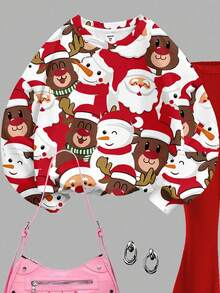 SHEIN Leap Crew 2pcs Cute Cartoon Reindeer & Santa Claus Tween Girls Knit Crew Neck Loose Sweatshirt And Flare Pants Casual Outfit Set, Suitable For Autumn Daily Wear, Street Style, And Home - Multicolor - View 4