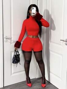 BamGleam Bộ áo và quần short dệt kim mềm mại dành cho nữ, Thu/Đông mới - Đỏ - Xem 5