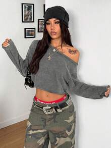 Coolane 男女款冬季/秋季街头服饰 返校风 脏污棉质舒适脏洗黑色超大不对称领口长袖 T 恤 - 灰色 - 查看 4