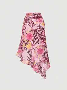 SHEIN MOD Váy lưới họa tiết hoa báo in nơ rút viền bất đối xứng cho kỳ nghỉ của phụ nữ - Nhiều màu - Xem 7