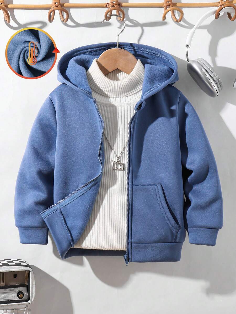SHEIN 儿童休闲夹克 Wtt 官方网站，男童冬季外套，连帽拉链卫衣，学校，基本款上衣，冬季上衣，适合春季、夏季、秋季、冬季学校、花园、海滩、生日 - 霧霾藍 - 查看 1