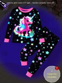 2 Piece Sets Snug Fit Night Wear Kids  Toddler Girls' Cute Unicorn Print Colorful Star Lighting Up Round Neck Knit Pajama Set, Comfortable Casual Tight Fitting Long Sleeve Top And Pants, Black Unicorn Clothes For Girls Snug Fit .This Product Requires UV Light Exposure To Glow.