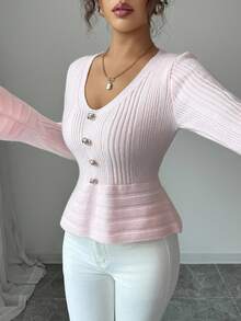 SHEIN PETITE Fashionable V-Neck Flare Sleeve Long Sleeve Women Sweater - Pink - View 5