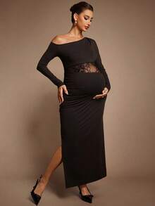 MaterniChic Gravidklänning med sneda axlar och långärmad spets och lapptäcke i midjan, åtsittande och elegant - Brun - Visa 4