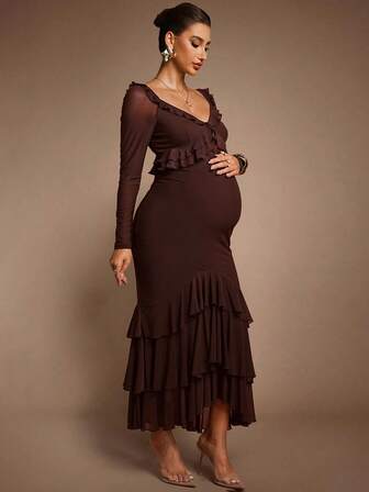 MaterniChic Elegant Party Solid Color Ruffle Hem Fishtail Maternity Dress Brown Dress Luxury Evening Dress  Chic Evening Dress Elegant   Baby Shower Dress Ruffle Maxi Dress Long Brown Dress Brown Maternity Dress Chocolate Brown Dress Pregnancy Dress For Photoshoot
