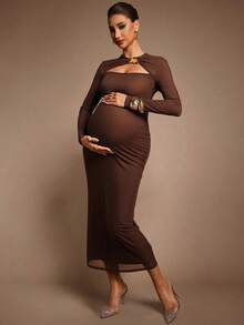 MaterniChic 孕妇纯色不对称金属环装饰常规肩长袖修身镂空连衣裙 - 棕色 - 查看 4
