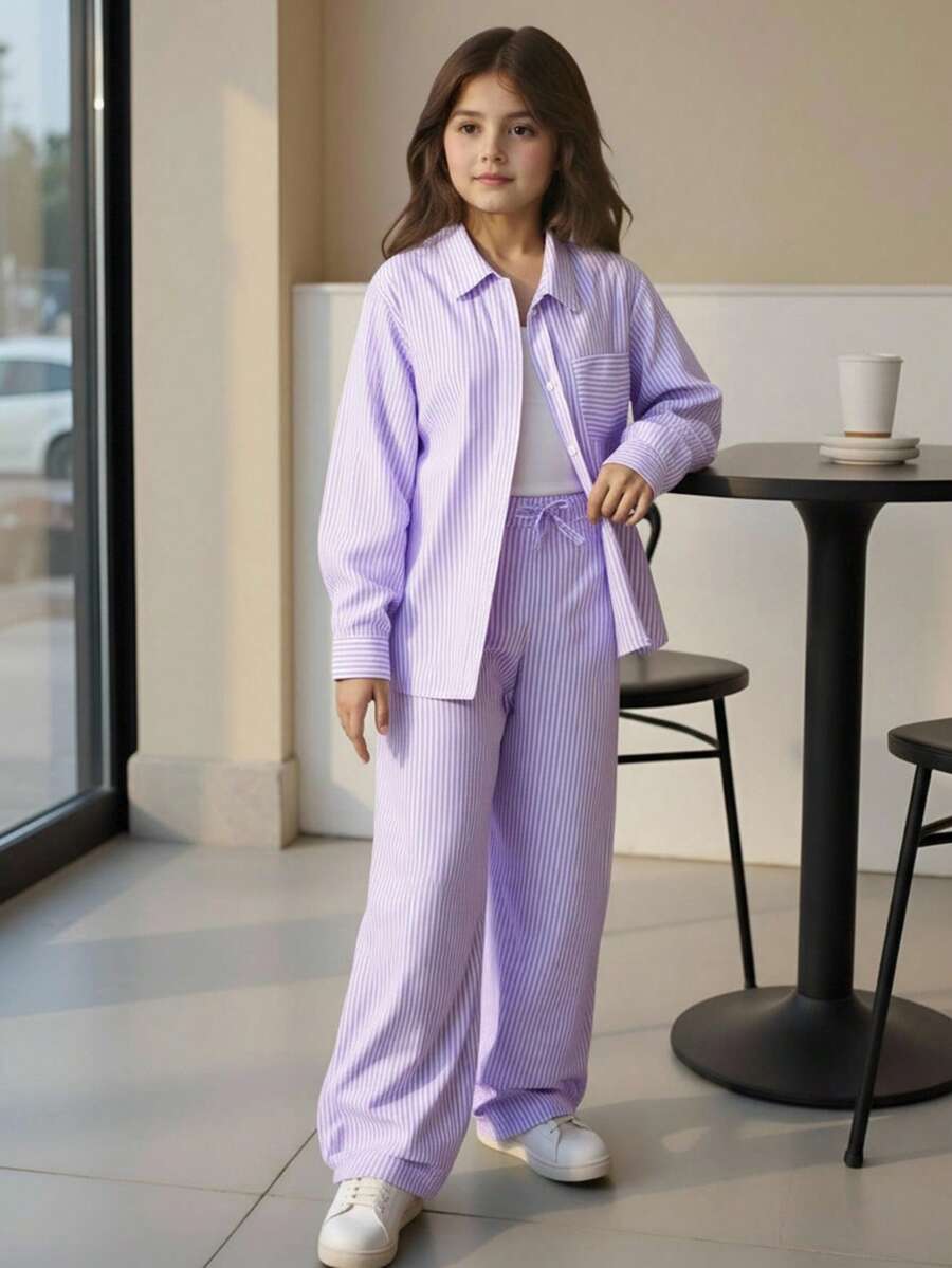SHEIN 青少年女孩三件套，街头酷炫条纹长袖衬衫、裤子和吊带背心，适合春季和秋季 - 彩色 - 查看 1