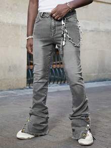 ROMWE MEN Street Life Jeans casuales de hombre con lavado desgastado, bolsillos y diseño de vuelo en capas - Gris - Ver 1