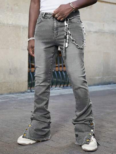 Street Life Jeans décontractés à jambe évasée et superposés en denim lavé avec poches pour hommes