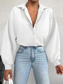 Rafferiza 女式纹理棉质宽松落肩短袖衬衫，春秋季 - 白色 - 查看 3