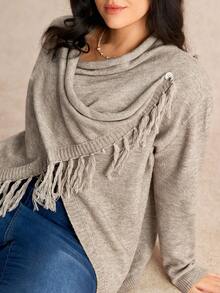 Elenzga Cardigan tricoté à manches longues avec design à franges, grande taille, casual et élégant, pull confortable - Kaki - Voir 5