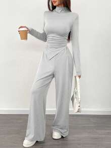 Chiquease 2pcs/Set Atasan Lengan Panjang dengan Hem Berkerut Asimetris dan Celana Panjang Lebar - Light Grey - View 3