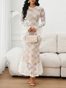 SHEIN Lady Women's Floral Lace Round Neck Bell Sleeve Mermaid Hem Fitted Elegant Dress - White - View 8
