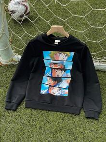 Captain Tsubasa X SHEIN 青少年男孩运动休闲足球运动员图案连帽卫衣，黑色男孩卫衣动漫卫衣Y2K图案卫衣男孩图案卫衣 - 黑色 - 查看 1