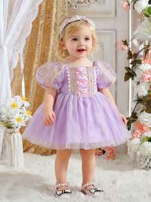 SHEIN Baby Girl Puff Sleeve Mesh Party Princess Dress - Purple - View 7