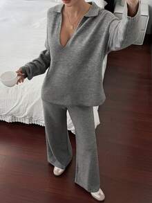 Livesso 女士秋季V领宽松上衣和休闲裤针织两件套 - 淺灰色 - 查看 5