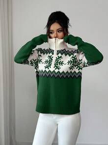 SHEIN Elenzya Sweater Wanita Elegan dengan Resleting Motif Fair Isle dan Blok Warna, Desain Natal, Musim Gugur/Dingin - Hijau - View 5