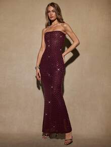 SHEIN BAE 秋冬女士鸡尾酒会夜店装酒红色露肩无袖水钻闪光奢华美人鱼下摆连衣裙，适合鸡尾酒会、浪漫约会、秋冬打底连衣裙、聚会、正式活动、万圣节连衣裙、圣诞节连衣裙 - 酒紅色 - 查看 5