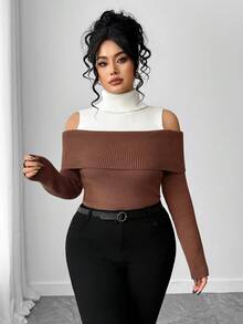 Elenzga كنزة صوفية نسائية كبيرة الحجم من قطعتين بياقة عالية وكتف مكشوف، بتصميم ألوان متباينة مصنوعة من الأقمشة المحبوكة - متعدد الألوان - مشاهدة 4