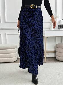 EMERY ROSE 休闲高腰豹纹长裙，春夏女装半身裙 - 藏蓝色 - 查看 4