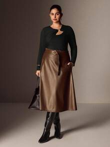 Juhart 加大码 Elenzga 女式纯色圆环图案修身长袖 T 恤 - 黑色 - 查看 4