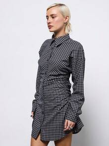 COUREZ 褶皱侧边格纹衬衫裙 / Y2K 冬季穿搭 冬季连衣裙 优雅外出连衣裙 长袖连衣裙 新年 - 藏蓝色 - 查看 4