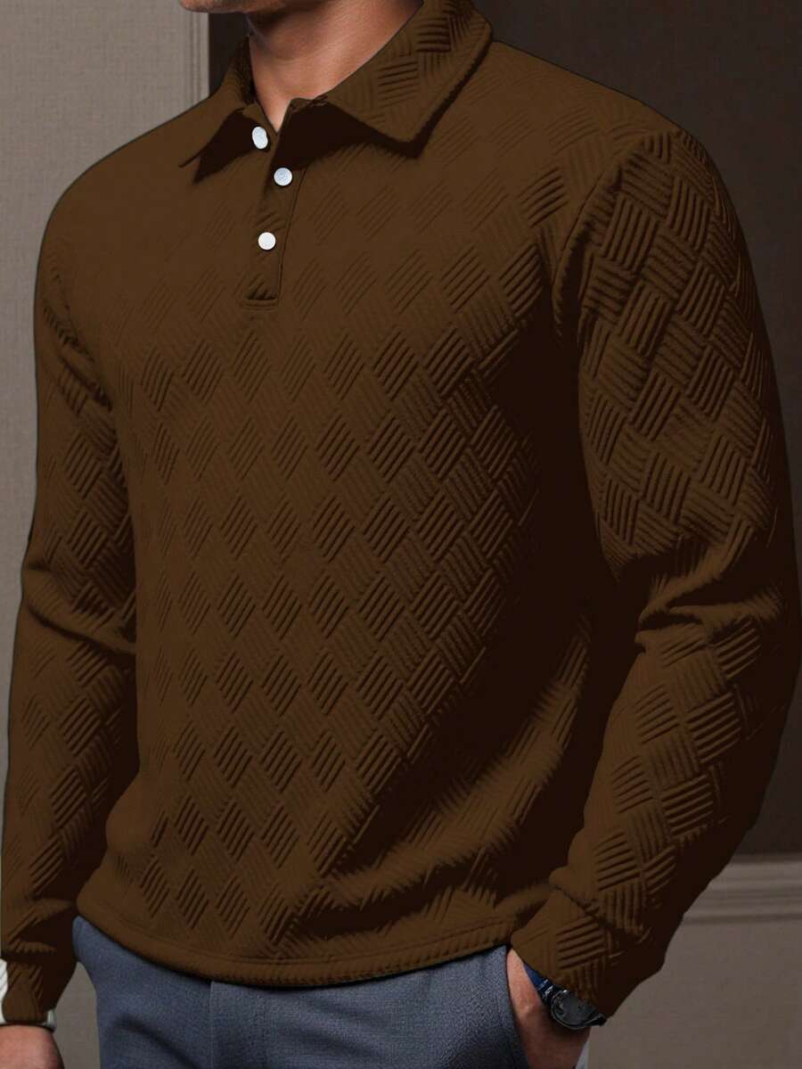 Manfinity Mode Áo thun polo tay dài cổ cài nút màu trơn thường ngày cỡ lớn dành cho nam - Cà phê nâu - Xem 1