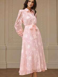 Revavyn 法式束腰系带 Polo 领泡泡袖荷叶边休闲工作服长袖连衣裙 - 粉色 - 查看 2