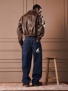 SUMWON 阔腿宽松牛仔裤，白色Logo印花，休闲街头风长裤，印花宽松牛仔裤，蓝色宽松牛仔裤，男士S码纯色超大牛仔裤 - 藍色 - 查看 6