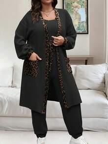 Vionelle 大码女式法式休闲优雅豹纹拼布两件套，秋冬 - 黑色 - 查看 4