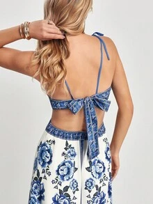 CAJUNI Women's Floral Print Hollow Out Waist Vacation Slip Dress