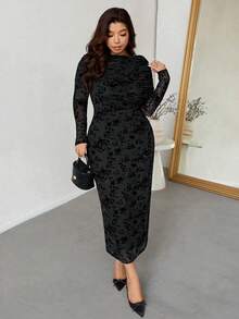 Firerie Váy dài tay co giãn họa tiết hoa thanh lịch dành cho nữ cỡ lớn, thoải mái, phù hợp cho các buổi hẹn hò, tiệc tùng, dạ hội - màu đen - Xem 7