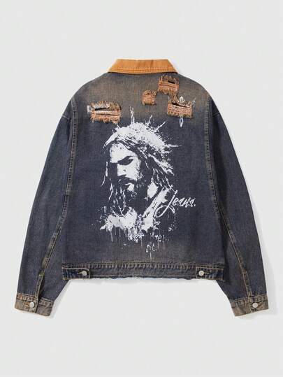 Men's Casual Fashion Street Contrast Color Collar Graphic Letter Print Distressed Washed Denim Jacket