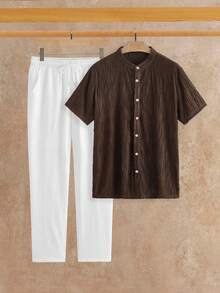 HIMLAND Men's Casual Daily Shirt & Solid Color Drawstring Pants Set
