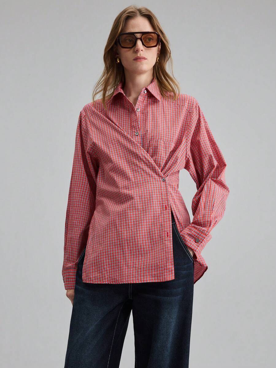 Ontre قميص نسائي أسيمتري طويل الأكمام مفكك التصميم مربع، مناسب للتنقل الحضري والأعمال والارتداء اليومي، خريف/شتاء